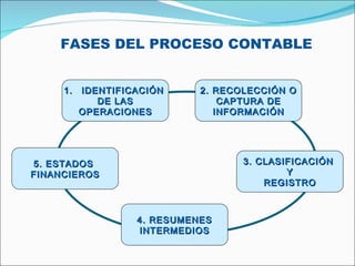FASES DEL PROCESO CONTABLE IDENTIFICACIÓN  DE LAS OPERACIONES 2. RECOLECCIÓN O CAPTURA DE INFORMACIÓN 3. CLASIFICACIÓN  Y REGISTRO 5. ESTADOS  FINANCIEROS 4. RESUMENES INTERMEDIOS 