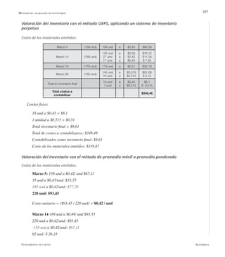 AlfaomegaFundamentos de costos
107
Marzo 5 (158 und) 158 und a $0,45 $66,36
Marzo 14 (189 und)
145 und
27 und
17 und
a
a
a
$0.52
$0,42
$0,45
$76,12
$11,34
$ 7,65
Marzo 19 (179 und) 179 und a $0,51 $92,18
Marzo 29 (150 und)
140 und
10 und
a
a
$0,579
$0,515
$81,06
$ 5,15
Total en inventario final
18 und
1 und
a
a
$0,45
$0,515
$8,1
$ 0,515
Total costos a
contabilizar
$348,48
Métodos de valoración de inventarios
Valoración del inventario con el método UEPS, aplicando un sistema de inventario
perpetuo
Costo de los materiales emitidos:
Conteo físico:
18 und a $0,45 = $8,1
1 unidad a $0,515 = $0,51
Total inventario final = $8,61
Total de costos a contabilizarse: $348,48
Contabilizados como inventario final: $8,61
Costo de los materiales emitidos: $339,87
Valoración del inventario con el método de promedio móvil o promedio ponderado
Costo de los materiales emitidos:
Marzo 5: 158 und a $0,42/ und $67,11
35 und a $0,45/und: $15,75
185 und a $0,42/und: $77,70
220 und: $93,45
Costo unitario = ($93,45 / 220 und) = $0,42 / und
Marzo 14 189 und a $0,49/ und $93,55
220 und a $0,42/und: $93,45
-158 und a $0,42/und: $67,11
62 und: $ 26,33
 