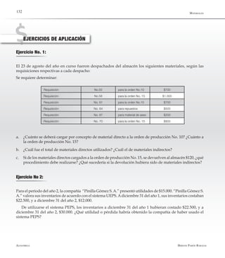 Alfaomega Hernán Pabón Barajas
132
EJERCICIOS DE APLICACIÓN
Ejercicio No. 1:
El 23 de agosto del año en curso fueron despachados del almacén los siguientes materiales, según las
requisiciones respectivas a cada despacho:
Se requiere determinar:
Requisición No.55 para la orden No.10 $700
Requisición No.58 para la orden No. 15 $1.000
Requisición No. 61 para la orden No.10 $700
Requisición No. 64 para repuestos $500
Requisición No. 67 para material de aseo $200
Requisición No. 70 para la orden No. 15 $800
a.	 ¿Cuánto se deberá cargar por concepto de material directo a la orden de producción No. 10? ¿Cuánto a
la orden de producción No. 15?
b.	 ¿Cuál fue el total de materiales directos utilizados? ¿Cuál el de materiales indirectos?
c.	 Si de los materiales directos cargados a la orden de producción No. 15, se devuelven al almacén $120, ¿qué
procedimiento debe realizarse? ¿Qué sucedería si la devolución hubiera sido de materiales indirectos?
Ejercicio No 2:
Para el período del año 2, la compañía “Pinilla Gómez S.A.” presentó utilidades de $15.000. “Pinilla Gómez S.
A.” valora sus inventarios de acuerdo con el sistema UEPS.Adiciembre 31 del año 1, sus inventarios costaban
$22.500, y a diciembre 31 del año 2, $12.000.
De utilizarse el sistema PEPS, los inventarios a diciembre 31 del año 1 hubieran costado $22.500, y a
diciembre 31 del año 2, $30.000. ¿Qué utilidad o pérdida habría obtenido la compañía de haber usado el
sistema PEPS?
Materiales
 