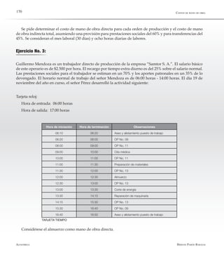 Alfaomega Hernán Pabón Barajas
170
Se pide determinar el costo de mano de obra directa para cada orden de producción y el costo de mano
de obra indirecta total, asumiendo una provisión para prestaciones sociales del 60% y para transferencias del
45%. Se consideran el mes laboral (30 días) y ocho horas diarias de labores.
Ejercicio No. 3:
Guillermo Mendoza es un trabajador directo de producción de la empresa “Samtor S. A.”. El salario básico
de este operario es de $2.500 por hora. El recargo por tiempo extra diurno es del 25% sobre el salario normal.
Las prestaciones sociales para el trabajador se estiman en un 70% y los aportes patronales en un 35% de lo
devengado. El horario normal de trabajo del señor Mendoza es de 06:00 horas - 14:00 horas. El día 19 de
noviembre del año en curso, el señor Pérez desarrolló la actividad siguiente:
Tarjeta reloj:
Hora de entrada: 06:00 horas
Hora de salida: 17:00 horas
Hora de iniciación Hora de terminación Observaciones
06:10 06:20 Aseo y alistamiento puesto de trabajo
06:20 08:00 OP No. 09
08:00 09:00 OP No. 11
09:00 10:00 Cita médica
10:00 11:00 OP No. 11
11:00 11:30 Preparación de materiales
11:30 12:00 OP No. 13
12:00 12:30 Almuerzo
12:30 13:00 OP No. 13
13:00 13:30 Corte de energía
13:30 14:15 Reparación de maquinaría
14:15 15:30 OP No. 13
15:30 16:40 OP No. 09
16:40 16:50 Aseo y alistamiento puesto de trabajo
Considérese el almuerzo como mano de obra directa.
TARJETA TIEMPO
Costos de mano de obra
 