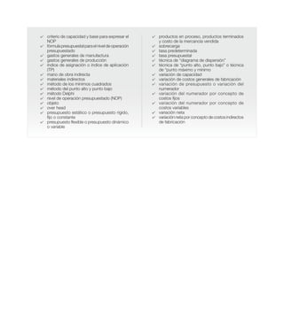 4	 criterio de capacidad y base para expresar el
NOP
4	 fórmula presupuestal para el nivel de operación
presupuestado
4	 gastos generales de manufactura
4	 gastos generales de producción
4	 índice de asignación o índice de aplicación
(TP)
4	 mano de obra indirecta
4	 materiales indirectos
4	 método de los mínimos cuadrados
4	 método del punto alto y punto bajo
4	 método Delphi
4	 nivel de operación presupuestado (NOP)
4	 objeto
4	 over head
4	 presupuesto estático o presupuesto rígido,
fijo o constante
4	 presupuesto flexible o presupuesto dinámico
o variable
4	 productos en proceso, productos terminados
y costo de la mercancía vendida
4	 sobrecarga
4	 tasa predeterminada
4	 tasa presupuestal
4	 técnica de “diagrama de dispersión”
4	 técnica de “punto alto, punto bajo” o técnica
de “punto máximo y mínimo
4	 variación de capacidad
4	 variación de costos generales de fabricación
4	 variación de presupuesto o variación del
numerador
4	 variación del numerador por concepto de
costos fijos
4	 variación del numerador por concepto de
costos variables
4	 variación neta
4	 variación neta por concepto de costos indirectos
de fabricación
 