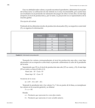 Alfaomega Hernán Pabón Barajas
196
Una vez definidos tales valores, se puede encontrar la pendiente y determinar la ecuación
de la línea recta. La utilización de este método no es muy recomendable, por cuanto basa
sus resultados en un promedio de solamente dos juegos de cifras: la más alta y la más baja
(respecto al nivel de producción) y, por lo tanto, su proyección no es representativa de la
muestra global.
Descripción del método
Partiendo de los diferentes niveles de producción alcanzados (X) y su respectivo costo total
(Y), se organiza la información:
Período
Volumen de
producción
Costo
1 X1 Y1
2 X2 Y2
3 X3 Y3
4 X4 Y4
5 X5 Y5
Tomando los valores correspondientes al nivel de producción más alto y más bajo
alcanzados con su respectivo costo total, se procede a determinar el valor de la pendiente
de la recta.
Suponiendo que X5 es el nivel de producción más alto (Y5 su costo), y Xl, él más bajo
(Yl su costo), se tiene (Gráfico 6.1):
Punto alto   X5   Costo  Y5
Punto bajo  X1   Costo  Yl
Pendiente de la recta:
m = (Y5 – Y1) / (X5 – X1)
Teniendo la pendiente (m) y los valores X y Y de un punto de la línea, se reemplazan
los valores en la ecuación general y se obtiene:
Y = a + bX
Donde:
a =  Parámetro que representa los costos fijos totales.
b =  Parámetro que representa el costo variable unitario.
Costos indirectos de fabricación
Gráfico 1.1 Relaciones entre la contabilidad financiera, sistemas de costeo y contabilidad gerencialCuadro 6.1 Información de producción
 
