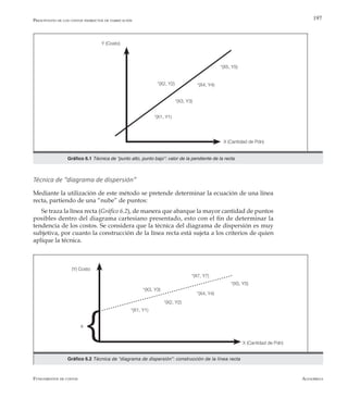 AlfaomegaFundamentos de costos
197
Técnica de “diagrama de dispersión”
Mediante la utilización de este método se pretende determinar la ecuación de una línea
recta, partiendo de una “nube” de puntos:
Se traza la línea recta (Gráfico 6.2), de manera que abarque la mayor cantidad de puntos
posibles dentro del diagrama cartesiano presentado, esto con el fin de determinar la
tendencia de los costos. Se considera que la técnica del diagrama de dispersión es muy
subjetiva, por cuanto la construcción de la línea recta está sujeta a los criterios de quien
aplique la técnica.
Gráfico 1.1 Relaciones entre la contabilidad financiera, sistemas de costeo y contabilidad gerencial
X (Cantidad de Pdn)
Y (Costo)
Gráfico 6.1 Técnica de “punto alto, punto bajo”: valor de la pendiente de la recta
*(X2, Y2)
*(X1, Y1)
*(X3, Y3)
*(X4, Y4)
*(X5, Y5)
Presupuesto de los costos indirectos de fabricación
Gráfico 6.2 Técnica de “diagrama de dispersión”: construcción de la línea recta
a
(Y) Costo
*(X2, Y2)
*(X7, Y7)
*(X3, Y3)
*(X4, Y4)
*(X5, Y5)
*(X1, Y1)
X (Cantidad de Pdn)
 
