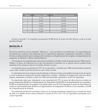 AlfaomegaFundamentos de costos
227Ejerccios de aplicación
Período Actuación en HMOD CIF para cada nivel de actuación
1 20.000 $18.000
2 24.000 $19.000
3 20.000 $19.200
4 28.000 $20.000
5 30.000 $22.000
6 32.000 $24.000
Si para el período 7 la compañía presupuestó 36.000 horas de mano de obra directa, ¿cuál es la tasa
predeterminada?
Ejercicio No. 4:
El proceso productivo de la compañía “Motorcrac”, cuya actividad es la producción y la comercialización
de motores por contrato, está compuesto por las operaciones siguientes: maquinado, ensamble y acabado.
Se tiene un departamento para la preparación de planos, un departamento de compras, un departamento de
recepción, un almacén y oficinas administrativas.
Al 1 de agosto, la compañía tiene solamente un pedido en el taller, orden de producción de 3.000 motores.
Debido a la época de depresión por la que está pasando la industria, no se esperan nuevos pedidos hasta
alrededor de los primeros días de noviembre del año en curso.
La compañía opera normalmente al 75% de su capacidad, y el pedido por 3.000 und de producto equivale
a poco más o menos la producción de un mes a ritmo normal.
La administración de la empresa está decidiendo si debería terminar este pedido durante el mes de agosto
y cerrar la planta de producción durante septiembre y octubre, o distribuir el trabajo entre estos tres meses
(agosto, septiembre y octubre), a ritmo de 1.000 und mensuales, operando a un 25% de capacidad.
Es importante saber que, trabajando a una capacidad del 75%, la mano de obra directa se estima en
aproximadamente $4.000 en el departamento de maquinado, $3.000.000 en el departamento de ensamble y
$1.000 en el departamento de acabado. Si la planta opera a un 25% de capacidad, la mano de obra directa se
estima en aproximadamente $2.000 en el departamento de maquinado, $1.000 en el de ensamble, y $1.000
en el departamento de acabado.
Si la planta de producción permanece ociosa, no se incurre en ninguna erogación por concepto de mano
de obra. Los detalles de los costos indirectos a niveles de 75%, 25% y 0% de capacidad se presentan en el
cuadro siguiente:
 