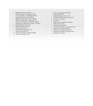 4	 departamentos de servicio:
almacenamiento materias primas,
control calidad, contabilidad fábrica,
restaurante personal de planta
4	 departamentos de servicio: servicio
médico, restaurante, capacitación,
centro de cómputo, control de calidad,
almacenes, ingeniería industrial, compras
4	 depreciaciones de activo
4	 determinación del costo
total de producción
4	 metodología del proceso de
departamentalización
4	 nivel de operación presupuestado
4	 nivel de operación real
4	 nivel de operación realmente
alcanzado (NOR)
4	 presupuestación de los CIF
4	 proceso de departamentalización
4	 proceso productivo
4	 producto
4	 seguros de maquinaria y equipo
4	 sistema de costos
4	 tasa fija presupuestal
4	 unidad (de servicio y de producción)
4	 variación de capacidad (VC)
4	 variación de presupuesto (VP)
4	 variación favorable o desfavorable
4	 variación neta (VN)
 