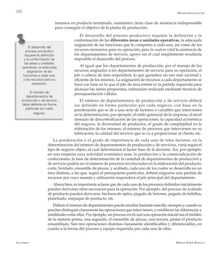 Alfaomega Hernán Pabón Barajas
232
insumos en producto terminado, suministra cierta clase de asistencia indispensable
para conseguir el objetivo de la planta de producción.
El desarrollo del proceso productivo requiere la definición y la
conformación de las diferentes áreas o unidades operativas, la adecuada
asignación de las funciones que le competen a cada una, así como de los
recursos necesarios para su operación, para la cual es vital la asistencia de
los departamentos de servicio, apoyo sin el cual simplemente resultaría
imposible el desarrollo del proceso.
Al igual que los departamentos de producción, por el manejo de los
recursos asignados a los departamentos de servicio para su operación, el
jefe o cabeza de área responderá, lo que garantiza un uso más racional y
eficiente de los mismos. La asignación de recursos a cada departamento se
hará con base en lo que el jefe de área estime es la partida requerida para
alcanzar las metas propuestas, estimación realizada mediante técnicas de
presupuestación válidas.
El número de departamentos de producción y de servicio deberá
ser definido en forma particular por cada negocio, con base en la
ponderación que se dé a una serie de factores o variables que intervienen
en la determinación; por ejemplo: el estilo gerencial de la empresa, el nivel
deseado de descentralización de las operaciones, la capacidad económica
del negocio, la diversidad de productos, el grado de complejidad en la
elaboración de los mismos, el número de procesos que intervienen en su
fabricación, la calidad del servicio que se va a proporcionar al cliente, etc.
La ponderación o el grado de importancia de cada uno de tales factores, en la
determinación del número de departamentos de producción y de servicios, varía según el
tipo de negocio objeto, el cual determinará el factor base de la decisión. Así, por ejemplo,
en una empresa cuya actividad económica sean, la producción y la comercialización de
confecciones, la base de determinación de la cantidad de departamentos de producción y
de servicio podría ser el número de procesos involucrados en la elaboración del producto:
corte, bordado, ensamble de piezas, y acabado, cada uno de los cuales se desarrolla en un
área distinta, a las que, según el presupuesto particular, deberá asignarse una partida de
recursos por cuyo manejo y utilización responderá el jefe principal del departamento.
Ahora bien, es importante aclarar que de cada uno de los procesos definidos inicialmente
pueden derivarse otros necesarios para la operación. Por ejemplo, del proceso de acabado
de producto pueden derivarse: hechura de ojales, pegado de botones, pegado de hebillas,
planchado, empaque de producto, etc.
Definir el número de departamentos puede resultar bastante sencillo, siempre y cuando se
puedan distinguir claramente las operaciones que intervienen, y establecer las diferencias y
similitudes entre ellas. Por ejemplo, un proceso en el cual una operación inicial sea el moldeo
de la materia prima, una segunda, el ensamble de piezas, una tercera, pintar el producto
ensamblado. Son tres operaciones distintas claramente identificables y diferenciables, en
cuanto a la forma del proceso y equipo requerido por cada una de ellas.
El desarrollo del
proceso productivo
requiere la definición
y la conformación de
las áreas o unidades
operativas, la adecuada
asignación de las
funciones a cada una,
y los recursos para su
operación.
El número de
departamentos de
producción y de servicio
debe definirse en forma
particular por cada
negocio.
Departamentalización
 