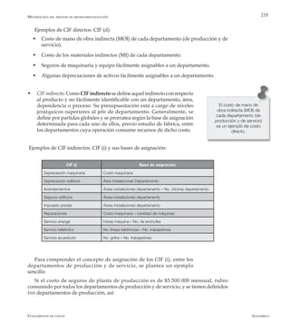 AlfaomegaFundamentos de costos
235
Ejemplos de CIF directos: CIF (d):
w	Costo de mano de obra indirecta (MOI) de cada departamento (de producción y de
servicio).
w	Costo de los materiales indirectos (MI) de cada departamento.
w	Seguros de maquinaria y equipo fácilmente asignables a un departamento.
w	Algunas depreciaciones de activos fácilmente asignables a un departamento.
w	 CIF indirecto: Como CIF indirecto se define aquel indirecto con respecto
al producto y no fácilmente identificable con un departamento, área,
dependencia o proceso. Su presupuestación está a cargo de niveles
jerárquicos superiores al jefe de departamento. Generalmente, se
define por partidas globales y se prorratea según la base de asignación
determinada para cada uno de ellos, previo estudio de fábrica, entre
los departamentos cuya operación consume recursos de dicho costo.
Ejemplos de CIF indirectos: CIF (i) y sus bases de asignación:
El costo de mano de
obra indirecta (MOI) de
cada departamento (de
producción y de servicio)
es un ejemplo de costo
directo.
CIF (i) Base de asignación
Depreciación maquinaria Costo maquinaria
Depreciación edificios Área instalaciones Departamento
Arrendamientos Áreas instalaciones departamento – No. oficinas departamento
Seguros edificios Áreas instalaciones departamento
Impuesto predial Áreas instalaciones departamento
Reparaciones Costo maquinaria – cantidad de máquinas
Servicio energía Horas máquina – No. de enchufes
Servicio telefónico No. líneas telefónicas – No. trabajadores
Servicio acueducto No. grifos – No. trabajadores
Metodología del proceso de departamentalización
Para comprender el concepto de asignación de los CIF (i), entre los
departamentos de producción y de servicio, se plantea un ejemplo
sencillo:
Si el costo de seguros de planta de producción es de $5.500.000 mensual, rubro
consumido por todos los departamentos de producción y de servicio, y se tienen definidos
tres departamentos de producción, así:
 