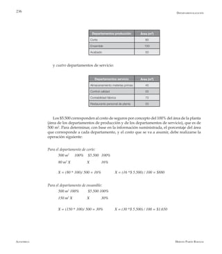 Alfaomega Hernán Pabón Barajas
236
Departamentos producción Área (m2
)
Corte 80
Ensamble 150
Acabado 50
y cuatro departamentos de servicio:
Departamentos servicio Área (m2
)
Almacenamiento materias primas 45
Control calidad 55
Contabilidad fábrica 70
Restaurante personal de planta 50
Los $5.500 corresponden al costo de seguros por concepto del 100% del área de la planta
(área de los departamentos de producción y de los departamentos de servicio), que es de
500 m2
. Para determinar, con base en la información suministrada, el porcentaje del área
que corresponde a cada departamento, y el costo que se va a asumir, debe realizarse la
operación siguiente:
Para el departamento de corte:
500 m2
	 100% 	 $5.500 	 100%
80 m2
X                 X            16%
X = (80 * 100)/ 500 = 16%              X = (16 *$ 5.500) / 100 = $880
Para el departamento de ensamble:
500 m2
100% 	 $5.500 100%
150 m2
X               X            30%
X = (150 * 100)/ 500 = 30%      	 X = (30 *$ 5.500) / 100 = $1.650
Departamentalización
 