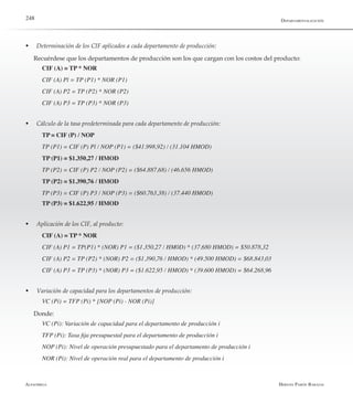 Alfaomega Hernán Pabón Barajas
248
w	 Determinación de los CIF aplicados a cada departamento de producción:
Recuérdese que los departamentos de producción son los que cargan con los costos del producto:
CIF (A) = TP * NOR
CIF (A) Pl = TP (P1) * NOR (P1)
CIF (A) P2 = TP (P2) * NOR (P2)
CIF (A) P3 = TP (P3) * NOR (P3)
w	 Cálculo de la tasa predeterminada para cada departamento de producción:
TP = CIF (P) / NOP
TP (P1) = CIF (P) Pl / NOP (P1) = ($41.998,92) / (31.104 HMOD)
TP (P1) = $1.350,27 / HMOD
TP (P2) = CIF (P) P2 / NOP (P2) = ($64.887,68) / (46.656 HMOD)
TP (P2) = $1.390,76 / HMOD
TP (P3) = CIF (P) P3 / NOP (P3) = ($60.763,38) / (37.440 HMOD)
TP (P3) = $1.622,95 / HMOD
w	 Aplicación de los CIF, al producto:
CIF (A) = TP * NOR
CIF (A) P1 = TP(P1) * (NOR) P1 = ($1.350,27 / HM0D) * (37.680 HMOD) = $50.878,32
CIF (A) P2 = TP (P2) * (NOR) P2 = ($1.390,76 / HMOD) * (49.500 HMOD) = $68.843,03
CIF (A) P3 = TP (P3) * (NOR) P3 = ($1.622,95 / HMOD) * (39.600 HMOD) = $64.268,96
w	 Variación de capacidad para los departamentos de producción:
VC (Pi) = TFP (Pi) * [NOP (Pi) - NOR (Pi)]
Donde:
VC (Pi): Variación de capacidad para el departamento de producción i
TFP (Pi): Tasa fija presupuestal para el departamento de producción i
NOP (Pi): Nivel de operación presupuestado para el departamento de producción i
NOR (Pi): Nivel de operación real para el departamento de producción i
Departamentalización
 