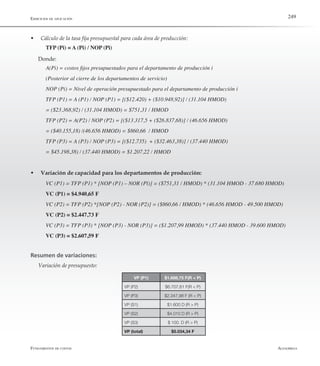 AlfaomegaFundamentos de costos
249
w	 Cálculo de la tasa fija presupuestal para cada área de producción:
TFP (Pi) = A (Pi) / NOP (Pi)
Donde:
A(Pi) = costos fijos presupuestados para el departamento de producción i
(Posterior al cierre de los departamentos de servicio)
NOP (Pi) = Nivel de operación presupuestado para el departamento de producción i
TFP (P1) = A (P1) / NOP (P1) = [($12.420) + ($10.948,92)] / (31.104 HMOD)
= ($23.368,92) / (31.104 HMOD) = $751,31 / HMOD
TFP (P2) = A(P2) / NOP (P2) = [($13.317,5 + ($26.837,68)] / (46.656 HMOD)
= ($40.155,18) /(46.656 HMOD) = $860,66  / HMOD
TFP (P3) = A (P3) / NOP (P3) = [($12.735)  + ($32.463,38)] / (37.440 HMOD)
= $45.198,38) / (37.440 HMOD) = $1.207,22 / HMOD
w	 Variación de capacidad para los departamentos de producción:
VC (P1) = TFP (P1) * [NOP (P1) – NOR (Pl)] = ($751,31 / HMOD) * (31.104 HMOD - 37.680 HMOD)
VC (P1) = $4.940,65 F
VC (P2) = TFP (P2) *[NOP (P2) - NOR (P2)] = ($860,66 / HMOD) * (46.656 HMOD - 49.500 HMOD)
VC (P2) = $2.447,73 F
VC (P3) = TFP (P3) * [NOP (P3) - NOR (P3)] = ($1.207,99 HMOD) * (37.440 HMOD - 39.600 HMOD)
VC (P3) = $2.607,59 F
Resumen de variaciones:
Variación de presupuesto:
Ejercicios de aplicación
VP (P1) $1.688,75 F(R < P)
VP (P2) $6.707,61 F(R < P)
VP (P3) $2.347,98 F (R < P)
VP (S1) $1.600 D (R > P)
VP (S2) $4.010 D (R > P)
VP (S3) $ 100. D (R > P)
VP (total) $5.034,34 F
 