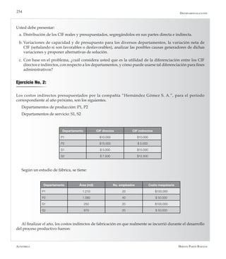 Alfaomega Hernán Pabón Barajas
254
Usted debe presentar:
a.	Distribución de los CIF reales y presupuestados, segregándolos en sus partes directa e indirecta.
b.	Variaciones de capacidad y de presupuesto para los diversos departamentos, la variación neta de
CIF (señalando si son favorables o desfavorables), analizar las posibles causas generadores de dichas
variaciones y proponer alternativas de solución.
c.	Con base en el problema, ¿cuál considera usted que es la utilidad de la diferenciación entre los CIF
directos e indirectos, con respecto a los departamentos, y cómo puede usarse tal diferenciación para fines
administrativos?
Ejercicio No. 2:
Los costos indirectos presupuestados por la compañía “Hernández Gómez S. A.”, para el período
correspondiente al año próximo, son los siguientes.
Departamentos de producción: P1, P2
Departamentos de servicio: S1, S2
Departamento CIF directos CIF indirectos
P1 $10.000 $10.000
P2 $15.000 $ 5.000
S1 $ 5.000 $15.000
S2 $ 7.500 $12.500
Según un estudio de fábrica, se tiene:
Departamento Área (m2) No. empleados Costo maquinaria
P1 1.210 20 $100.000
P2 1.580 40 $ 50.000
S1 250 20 $100.000
S2 870 20 $ 50.000
Al finalizar el año, los costos indirectos de fabricación en que realmente se incurrió durante el desarrollo
del proceso productivo fueron:
Departamentalización
 