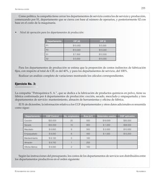 AlfaomegaFundamentos de costos
255
Como política, la compañía tiene cerrar los departamentos de servicio contra los de servicio y producción,
comenzando por S1, departamento que se cierra con base al número de operarios, y posteriormente S2 con
base en el costo de la maquinaria.
w	 Nivel de operación para los departamentos de producción:
Departamento CIF (d) CIF (i)
P1 $15.000 $ 5.000
P2 $10.000 $10.000
S1 $ 7.500 $12.500
S2 $ 5.000 $15.000
Para los departamentos de producción se estima que la proporción de costos indirectos de fabricación
fijos, con respecto al total de CIF, es del 40%, y para los departamentos de servicio, del 100%.
Realizar un análisis completo de variaciones mostrando los cálculos correspondientes.
Ejercicio No. 3:
La compañía “Petroquímica S. A.”, que se dedica a la fabricación de productos químicos en polvo, tiene su
fábrica conformada por 4 departamentos de producción: cocción, secado, mezclado y empaquetado; y tres
departamentos de servicio: mantenimiento, almacén de herramientas y oficina de fábrica.
El 31 de diciembre, la información relativa a los CGF departamentales y otros datos adicionales es resumida
como sigue:
Departamento CGF Control No. empleados Área (m2
) Materiales usados CGF aplicados
Cocción $20.500 20 500 $19.000 $35.000
Secado $34.000 10 800 $ 1.000 $38.500
Mezclado $ 6.800 8 500 $ 3.000 $10.000
Empaquetado $ 8.000 6 400 $ 1.000 $13.200
Mantenimiento $ 8.100 5 100
Almacén $ 9.700 1 200
Oficina fábrica $ 9.000 2 100
Según las instrucciones del presupuesto, los costos de los departamentos de servicio son distribuidos entre
los departamentos productivos en el orden siguiente:
Autoevaluación
 