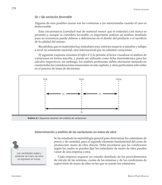 Alfaomega Hernán Pabón Barajas
278
Qr < Qe variación favorable
Algunas de esas posibles causas son las contrarias a las mencionadas cuando el caso es
desfavorable.
Esta circunstancia (cantidad real de material menor que el estándar) casi nunca se
presenta y, aunque se considera favorable, es importante realizar un análisis detallado
pues su ocurrencia puede deberse a deficiencias en el diseño del producto o el sacrificio
de la calidad del mismo.
Recuérdese que en materiales hay estándares muy estrictos respecto a tamaños y tallajes
a nivel no solamente nacional, sino internacional que no admiten variaciones.
El siguiente esquema resumen (Gráfico 8.1) le permite al lector visualizar el análisis de
variaciones en forma sencilla, y puede ser utilizado como ficha mnemotécnica para los
cálculos respectivos; sin embargo, los análisis pertinentes deben efectuarse teniendo en
cuenta todas las consideraciones enunciadas en este capítulo, y otras particulares relevantes
en el proceso de toma de decisiones.
Costos estándar
Gráfico 8.1 Esquema resumen del análisis de variaciones
Vp Vq
Vn
PrQr PeQr PeQe
Determinación y análisis de las variaciones en mano de obra
Se ha estudiado la metodología general para determinar los estándares de
precio y de cantidad, para el segundo elemento fundamental del costo de
producción: mano de obra directa. Debe recordarse que las condiciones
según las cuales se pueden fijar los estándares de mano de obra pueden
variar de una empresa a otra.
Cada empresa requiere un estudio detallado de los procedimientos
de cálculo de las nóminas, cuotas de las nóminas y de las condiciones de
supervisión de mano de obra en las que se usarán los estándares.
Las cantidades reales y
estándar de mano de obra
se expresan en horas.
 