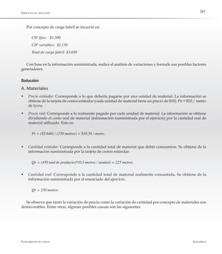 AlfaomegaFundamentos de costos
287Ejercicios de aplicación
Por concepto de carga fabril se incurrió en:
CIF fijos:   $1.500
CIF variables:  $2.150
Total de carga fabril: $3.650
Con base en la información suministrada, realice el análisis de variaciones y formule sus posibles factores
generadores.
Solución:
A. Materiales
w	 Precio estándar: Corresponde a lo que debería pagarse por una unidad de material. La información se
obtiene de la tarjeta de costos estándar (cada unidad de material tiene un precio de $10): Pe = $10 / metro
de lycra.
w	 Precio real: Corresponde a lo realmente pagado por cada unidad de material. La información se obtiene
dividiendo el costo real de material (información suministrada por el ejercicio) por la cantidad real de
material utilizado. Esto es:
Pr = ($2.640) / (250 metros) = $10,56 / metro.
w	 Cantidad estándar: Corresponde a la cantidad total de material que debió consumirse. Se obtiene de la
información suministrada por la tarjeta de costos estándar:
Qe = (450 und de producto)*(0,5 metros / unidad) = 225 metros.
w	 Cantidad real: Corresponde a la cantidad total de material realmente consumida. Se obtiene de la
información suministrada por el enunciado del ejercicio.
Qr = 250 metros
Se observa que tanto la variación de precio como la variación de cantidad por concepto de materiales son
desfavorables. Entre otras, algunas posibles causas son las siguientes:
 