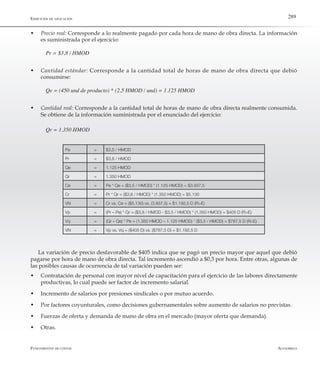 AlfaomegaFundamentos de costos
289Ejercicios de aplicación
Pe = $3,5 / HMOD
Pr = $3,8 / HMOD
Qe = 1.125 HMOD
Qr = 1.350 HMOD
Ce = Pe * Qe = ($3,5 / HMOD) * (1.125 HMOD) = $3.937,5
Cr = Pr * Qr = ($3,8 / HMOD) * (1.350 HMOD) = $5.130
VN = Cr vs. Ce = ($5.130) vs. (3.937,5) = $1.192,5 D (R>E)
Vp = (Pr – Pe) * Qr = ($3,8 / HMOD - $3,5 / HMOD) * (1.350 HMOD) = $405 D (R>E)
Vq = (Qr – Qe) * Pe = (1.350 HMOD – 1.125 HMOD) * ($3,5 / HMOD) = $787,5 D (R>E)
VN = Vp vs. Vq = ($405 D) vs. ($787,5 D) = $1.192,5 D
w	 Precio real: Corresponde a lo realmente pagado por cada hora de mano de obra directa. La información
es suministrada por el ejercicio:
Pr = $3,8 / HMOD
w	 Cantidad estándar: Corresponde a la cantidad total de horas de mano de obra directa que debió
consumirse:
Qe = (450 und de producto) * (2,5 HMOD / und) = 1.125 HMOD
w	 Cantidad real: Corresponde a la cantidad total de horas de mano de obra directa realmente consumida.
Se obtiene de la información suministrada por el enunciado del ejercicio:
Qr = 1.350 HMOD
La variación de precio desfavorable de $405 indica que se pagó un precio mayor que aquel que debió
pagarse por hora de mano de obra directa. Tal incremento ascendió a $0,3 por hora. Entre otras, algunas de
las posibles causas de ocurrencia de tal variación pueden ser:
w	 Contratación de personal con mayor nivel de capacitación para el ejercicio de las labores directamente	
productivas, lo cual puede ser factor de incremento salarial.
w	 Incremento de salarios por presiones sindicales o por mutuo acuerdo.
w	 Por factores coyunturales, como decisiones gubernamentales sobre aumento de salarios no previstas.
w	 Fuerzas de oferta y demanda de mano de obra en el mercado (mayor oferta que demanda).
w	 Otras.
 