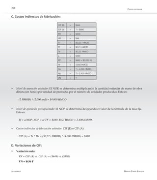 Alfaomega Hernán Pabón Barajas
298
C. Costos indirectos de fabricación:
Costos estándar
CIF (R) = $444
CIF (A) = ? = $880
FR = $400
VR = $44.
Tv = $0,02 / HMOD
Tf = $0,2 / HMOD
Te = $0,22/ HMOD
a = $480
FP = $480 + $0,020 (X)
Hr = 3.600 HMOD
He = ? = 4.000 HMOD
Hp = ? = 2.400 HMOD
VN = ?
w	 Nivel de operación estándar: El NOE se determina multiplicando la cantidad estándar de mano de obra
directa (en horas) por unidad de producto, por el número de unidades producidas. Esto es:
(2 HMOD) * (2.000 und) = $4.000 HMOD
w	 Nivel de operación presupuestado: El NOP se determina despejando el valor de la fórmula de la tasa fija.
Esto es:
Tf = a/NOP: NOP = a/ TF = $480/ $0,2/ HMOD = 2.400 HMOD.
w	 Costos indirectos de fabricación estándar: CIF (E) o CIF (A):
CIF (A) = Te * He = ($0,22 / HMOD) * (4.000 HMOD) = $880
D. Variaciones de CIF:
w	 Variación neta:
VN = CIF (R) vs. CIF (A) = ($444) vs. ($880)
VN = $436 F
 