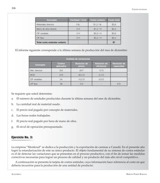 Alfaomega Hernán Pabón Barajas
306
Concepto Cantidad / Unid Costo unitario Costo total
Materiales directos 3 lb. $1,2 / lb. $3,6
Mano de obra directa 2 H $1,2 / H $2,4
CIF variables 2 H $0,3 / H $0,6
CIF fijos 2 H $0,2 / H $0,4
Total costo estándar unitario $7
El informe siguiente corresponde a la última semana de producción del mes de diciembre:
Concepto
Costos
aplicados
Variación de
precio
Variación de
eficiencia
Variación de
capacidad
Mat. directos 324 28 F 12 D
MOD 216 36,4 D 2,4 D
CIF variables 54 10,5 D 0,6 D
CIF fijos 36 3 D - 8 D
Análisis de variaciones
Se requiere que usted determine:
a.	 El número de unidades producidas durante la última semana del mes de diciembre.
b.	 La cantidad real de material usado.
c.	 El precio real pagado por concepto de materiales.
d.	 Las horas reales trabajadas.
f.	 El precio real pagado por hora de mano de obra.
g.	 El nivel de operación presupuestado.
La empresa “Monkrud” se dedica a la producción y la exportación de camisas a Canadá. En el presente año
logró la estandarización de este su único producto. El objeto fundamental de su sistema de costos estándar
es el de detectar las variaciones que se presentan en el proceso productivo, con el fin de tomar las medidas
correctivas necesarias para lograr un proceso de calidad y un producto del más alto nivel competitivo.
A continuación se presenta la tarjeta de costos estándar, cuya información hace referencia al costo en que
debería incurrirse para la producción de una unidad de producto:
Ejercicio No. 3:
Costos estándar
 