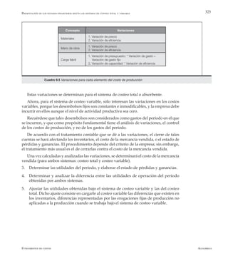 AlfaomegaFundamentos de costos
325
Cuadro 9.5 Variaciones para cada elemento del costo de producción
Estas variaciones se determinan para el sistema de costeo total o absorbente.
Ahora, para el sistema de costeo variable, sólo interesan las variaciones en los costos
variables, porque los desembolsos fijos son constantes e inmodificables, y la empresa debe
incurrir en ellos aunque el nivel de actividad productiva sea cero.
Recuérdese que tales desembolsos son considerados como gastos del período en el que
se incurren, y que como propósito fundamental tiene el análisis de variaciones, el control
de los costos de producción, y no de los gastos del período.
De acuerdo con el tratamiento contable que se dé a las variaciones, el cierre de tales
cuentas se hará afectando los inventarios, el costo de la mercancía vendida, o el estado de
pérdidas y ganancias. El procedimiento depende del criterio de la empresa; sin embargo,
el tratamiento más usual es el de cerrarlas contra el costo de la mercancía vendida.
Una vez calculadas y analizadas las variaciones, se determinará el costo de la mercancía
vendida (para ambos sistemas: costeo total y costeo variable).
3.	 Determinar las utilidades del período, y elaborar el estado de pérdidas y ganancias.
4.	 Determinar y analizar la diferencia entre las utilidades de operación del período
obtenidas por ambos sistemas.
5.	 Ajustar las utilidades obtenidas bajo el sistema de costeo variable y las del costeo
total. Dicho ajuste consiste en cargarle al costeo variable las diferencias que existen en
los inventarios, diferencias representadas por las erogaciones fijas de producción no
aplicadas a la producción cuando se trabaja bajo el sistema de costeo variable.
Concepto Variaciones
Materiales
1. Variación de precio
2. Variación de eficiencia
Mano de obra
1. Variación de precio
2. Variación de eficiencia
Carga fabril
1. Variación de presupuesto: * Variación de gasto –
V Variación de gasto fijo
2. Variación de capacidad: * Variación de eficiencia
Presentación de los estados financieros según los sistemas de conteo total y variable
 