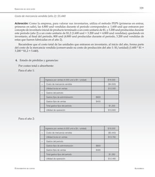 AlfaomegaFundamentos de costos
329Ejercicios de aplicación
Costo de mercancía vendida (año 2): $5.440
Aclaración: Como la empresa, para valorar sus inventarios, utiliza el método PEPS (primeras en entrar,
primeras en salir), las 4.800 und vendidas durante el período corresponden a: 1.600 und que entraron por
concepto de inventario inicial de producto terminado a un costo unitario de $1, y 3.200 und producidas durante
este período (año 2) a un costo unitario de $1,2 (1.600 und + 3.200 und = 4.800 und vendidas); quedando en
inventario, al final del período, 800 und (4.800 und producidas durante el período, 3.200 und vendidas de
estas que fueron fabricadas en el año 2).
Recuérdese que el costo total de las unidades que entraron en inventario, al inicio del año, forma parte
del costo de la mercancía vendida (conservando su costo de producción del año 1: $1/unidad) (1.600 * $1 +
3.200 * $1,2 = 5.440).
4.	 Estado de pérdidas y ganancias:
Por costeo total o absorbente:
Para el año 1:
Ingresos por ventas (4.000 und a $4 / unidad) $16.000
- Costo de mercancía vendida ($4.000)
Utilidad bruta en ventas $12.000
- Gastos del período
Gastos fijos de administración $800
Gastos fijos de ventas $400
Total gastos fijos del período $1.200
Utilidad de operación $10.800
Para el año 2:
Ingresos por ventas (4.000 und a $4 / unidad) $19.200
- Costo de mercancía vendida ($5.440)
Utilidad bruta en ventas $13.760
- Gastos del período
Gastos fijos de administración $800
Gastos fijos de ventas $480
Total gastos fijos del período $1.280
Utilidad de operación $12.480
 