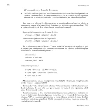 Alfaomega Hernán Pabón Barajas
372
CIF), requerido por el desarrollo del proceso.
w	 Las 3.000 und que quedaron parcialmente manufacturadas al final del período en
cuestión, contienen el 40% de costo de mano de obra y el 40% de CIF, requerido para su
terminación, lo cual equivale a tener 1.200 und completas por costo de conversión.
Con base en la información obtenida, y con la suministrada por el ejercicio relativa a
los costos en los que se ha incurrido en el período por los conceptos mano de obra y CIF,
se está en disposición de determinar el costo unitario del proceso 2:
Costo unitario por concepto de mano de obra:
CU (MO) = ($ 3.240) / (16.200 U) = $ 0,2/U
Costo unitario por concepto de carga fabril:
CU (CIF) = ($ 1.296) / (16.200 U) = $ 0,08/ U
En la columna correspondiente a “Costos unitarios” se registrará aquel en el que
se incurre, por concepto de cada elemento fundamental del costo de producción para
manufacturar, una unidad en el proceso 2:
Por materiales: 	
Por mano de obra: $0,2
Por carga fabril: 	 $0,08
Costo unitario proceso 2:
CU (P2) = CU (mat) + CU (MO) + CU (CIF)
CU (P2) = ($0) + ($0,2 / und) + ($0,08 / und)
CU (P1) = $0,28 / und
Manufacturar una unidad en el proceso 2 cuesta $280, y terminarla completamente
(recibir procesos 1 y 2) cuesta $780.
En la casilla “Total este proceso”, columna “CT”, se indicará el costo total del proceso
2; esto es, la suma del costo total en el que se incurre por mano de obra y por carga fabril
(costo de conversión): $4.536.
Recuérdese que no se tiene inventario inicial de este proceso, ni costo de materiales en
el que se ha incurrido durante el período en cuestión por el proceso 2. En la misma fila,
columna “CT”, el valor correspondiente a la suma del costo unitario de mano de obra
y del costo unitario de carga fabril ($0,28), equivalente al costo de pasar una unidad de
producto por el proceso 2.
Costos por procesos
 