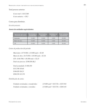 AlfaomegaFundamentos de costos
401
Elemento del costo
Terminadas y
transferidas
Terminadas y
retenidas
Unidades en
proceso
Total unidades
equivalentes
Materiales 15.000 13.000 5.000 33.000
Mano de obra 15.000 13.000 2.500 30.500
CIF 15.000 13.000 2.500 30.500
Total proceso anterior.
Costo total = $312.500
Costo unitario: = $9,5
Costos para distribuir.
De este proceso:
Anexo de unidades equivalentes:
Costos de producción del período:
Materiales: ($ 79.500) / (33.000 und) = $2,40
Mano de obra: ($ 47.850) / (30.500 und) = $1,56
CIF: ($ 68.700) / (30.500 und) = $2,25
Total este proceso: $196.050 $6,2
Total acumulado: $ 508.550
$312.500	 $9,46
$196.050	 $6,23
$508.550	 $15,70
Distribución de costos:
Unidades terminadas y transferidas: 	 (15.000 und) * ($15,70) = $235.501
Unidades terminadas y retenidas: 	 	 (13.000 und) * ($15,70) = $204.101
Presentación, análisis y discusión de los casos de mayor ocurrencia
 