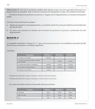 Alfaomega Hernán Pabón Barajas
410
Observación: El costo de las unidades perdidas debe tratarse como costo de carga fabril adicional en el
departamento de ensamble. Todo el costo de la producción estropeada se carga a las unidades terminadas.
No había inventario de producto en proceso en ninguno de los departamentos, al comienzo del período
(abril).
Con base en esta información, prepare:
a.	 Estado que muestre en cada departamento y acumulativamente los costos por unidad, para la producción
del mes de abril.
b.	 Un anexo que muestre los detalles del inventario de producto en proceso y terminado de cada
departamento.
Ejercicio No. 3:
La compañía exportadora “Interpox S. A.” opera con costos por procesos. Las estadísticas de producción del
mes de marzo muestran los resultados siguientes:
Cantidades:
Descripción DPTO No. 1 DPTO No. 2 DPTO No. 3
Unidades comenzadas 150.000 - -
Unidades aumentadas debido a adición
de materiales
- 30.000 50.000
Unidades terminadas y transferidas 100.000 80.000 100.000
En proceso al final del período **40.000 *50.000 **30.000
Pérdidas en producción 10.000 - -
*Unidades terminadas 100% respecto a materiales, y 40% por Costos de conversión.
**Unidades terminadas 100% respecto a materiales, y 30% por Costos de conversión.
Los costos incurridos durante el desarrollo del proceso fueron:
Costos por procesos
Concepto DPTO No. 1 DPTO No. 2 DPTO No. 3
Materiales $420 $194 $310
Mano de obra $174 $140 $108
CIF $87 $60 $64,8
 