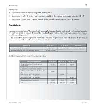 AlfaomegaFundamentos de costos
411
Se requiere:
a.	 Informe de costos de producción para el mes de marzo.
b.	 Determinar el valor de los inventarios en proceso al final del período en los departamentos 1,2, y 3.
c.	 Determinar el costo total y el costo unitario de las unidades terminadas en el mes de marzo.
Ejercicio No. 4:
La empresa manufacturera “Premium S.A.” tiene su planta de producción conformada por tres departamentos
productivos. Utiliza el método de promedio ponderado para costear el inventario de productos en proceso
al inicio de cada período.
En los cuadros anexos se presenta un informe del costo de producción y las estadísticas de producción
para la semana con base en la información suministrada:
CONCEPTO DPTO No. 1 DPTO No. 2 DPTO No. 3
Inventario de producto en proceso 40.000 unidades 60.000 unidades 50.000 unidades
Unidades puestas en producción durante el período 160.000 unidades
Autoevaluación
Estádisticas de producción para la semana comprendida
Descripción (unidades) DPTO No. 1 DPTO No. 2 DPTO No. 3
Completadas y transferidas al siguiente
departamento
160.000 150.000 160.000
Producto en proceso a julio 10 de 2001
100% materiales, 40% mano de obra y 40%
CIF
30.000
33% mano de obra y CIF aplicados 60.000
66% mano de obra y CIF aplicados 30.000
Unidades pérdidas en producción 10.000 10.000 10.000
Total 200.000 220.000 200.000
 