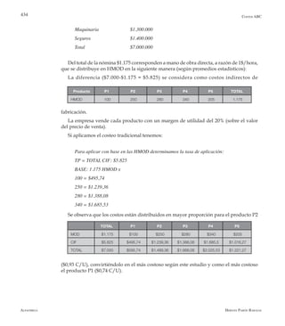 Alfaomega Hernán Pabón Barajas
434
Producto P1 P2 P3 P4 P5 TOTAL
HMOD 100 250 280 340 205 1.175
TOTAL P1 P2 P3 P4 P5
MOD $1.175 $100 $250 $280 $340 $205
CIF $5.825 $495,74 $1.239,36 $1.388,08 $1.685,5 $1.016,27
TOTAL $7.000 $595,74 $1.489,36 $1.668,08 $2.025,53 $1.221,27
Costos ABC
Maquinaria 	 	 $1.300.000
Seguros 	 	 	 $1.400.000
Total 	 	 	 $7.000.000
Del total de la nómina $1.175 corresponden a mano de obra directa, a razón de 1$/hora,
que se distribuye en HMOD en la siguiente manera (según promedios estadísticos):
La diferencia ($7.000-$1.175 = $5.825) se considera como costos indirectos de
fabricación.
La empresa vende cada producto con un margen de utilidad del 20% (sobre el valor
del precio de venta).
Si aplicamos el costeo tradicional tenemos:
Para aplicar con base en las HMOD determinamos la tasa de aplicación:
TP = TOTAL CIF: $5.825
BASE: 1.175 HMOD x
100 = $495,74
250 = $1.239,36
280 = $1.388,08
340 = $1.685,53
Se observa que los costos están distribuidos en mayor proporción para el producto P2
($0,93 C/U), convirtiéndolo en el más costoso según este estudio y como el más costoso
el producto P1 ($0,74 C/U).
 