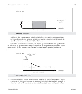 AlfaomegaFundamentos de costos
49
Volumen de producción
Cantidad (Q)
Costos (S)
Costo fijo total
(CFT)
Gráfico 3.5 Costo fijo total
se fabrican dos, cada una absorbería la mitad; ahora, si son 1.000 unidades, el valor
correspondiente al costo fijo total se distribuiría entre ellas y así sucesivamente de
acuerdo al volumen o nivel de actividad alcanzado.
En el Gráfico 3.6 se observa que la línea para el costo fijo unitario declina más agudamente
en los niveles de actividad bajos, ya que el efecto de las unidades agregadas sobre dicho
costo en tales niveles es mayor, que el producido en niveles de actividad superiores.
Volumen de producción
Cantidad (Q)
Costos (S)
Costo fijo unitario
(CFU)
Gráfico 3.6 Costo fijo unitario
Criterios contable y económico de los costos
w	 Costo variable total: Desde el punto de vista contable, el costo variable total (Gráfico
3.7) fluctúa en proporción directa con el volumen de producción. Es decir, aumenta o
disminuye en total de acuerdo con el cambio o la variación en el nivel de actividad.
 