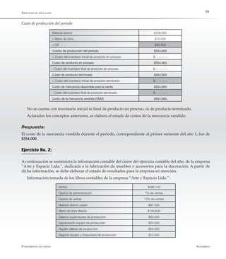 AlfaomegaFundamentos de costos
59
Costo de producción del período
Material directo $109.000
+ Mano de obra $15.000
+ CIF $95.500
Costos de producción del período $354.000
+ Costo del inventario inicial de producto en proceso $- - -- -- --
Costo de producto en proceso $354.000
- Costo del inventario final de producto en proceso $- - -- -- --
Costo de producto terminado $354.000
+ Costo del inventario inicial de producto terminado $- - -- -- --
Costo de mercancía disponible para la venta $354.000
- Costo del inventario final de producto terminado $- - -- -- --
Costo de la mercancía vendida (CMD) $354.000
No se cuenta con inventario inicial ni final de producto en proceso, ni de producto terminado.
Aclarados los conceptos anteriores, se elabora el estado de costos de la mercancía vendida:
Respuesta:
El costo de la mercancía vendida durante el período, correspondiente al primer semestre del año 1, fue de
$354.000.
Ejercicio No. 2:
A continuación se suministra la información contable del cierre del ejercicio contable del año, de la empresa
“Arte y Espacio Ltda.”, dedicada a la fabricación de muebles y accesorios para la decoración. A partir de
dicha información, se debe elaborar el estado de resultados para la empresa en mención.
Información tomada de los libros contables de la empresa “Arte y Espacio Ltda.”:
Ventas $466.142
Gastos de administración 7% de ventas
Gastos de ventas 13% de ventas
Material directo usado $97.500
Mano de obra directa $105.800
Salarios supervisores de producción $63.000
Depreciación equipo de producción $23.000
Alquiler talleres de producción $24.000
Seguros equipo y maquinaria de producción $13.000
Ejercicios de aplicación
 