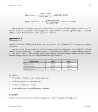 AlfaomegaFundamentos de costos
61
			 		 Utilidad bruta
					 Ventas $466.142
								
Analizando estos dos índices, se puede concluir que por cada peso vendido la empresa obtiene el 30% de
utilidad bruta, con la cual cubre los costos operativos y genera utilidad operativa, quedando para la empresa
el 10%, después de cubrir dichos costos y gastos de operación.
Ejercicio No. 3:
A julio 31 del año 1, la fábrica de aceros para la construcción “Induaceros S. A.”, presenta los datos
siguientes:
Materias primas puestas en proceso $10’345,8; mano de obra directa pagada a razón de $1,55 y $2,3 por
hora en los departamentos A y B respectivamente. El departamento A trabajó 2.200 horas y el departamento
B, 1.500 horas. La carga fabril se aplica sobre la base de horas de mano de obra directa a razón de $0,9 por
hora en el departamento A y de $1,05 por hora en el departamento B.
Inventarios Julio 1 Julio 31
Materias primas $4.560 $2.100
Trabajo en proceso $6.780 $5.420
Producto terminado $4.157 $2.580
Se requiere:	
w	 ­Determinar el total de costos puestos en proceso
w	 ­Costo de la mercancía manufacturada
­w	 Costo de la mercancía vendida
­w	 Costo del material comprado durante el período
Solución:
Total de costos puestos en proceso durante el período = Costo de producción del período.
Ejercicios de aplicación
$139.842 29,99%=Margen bruto =
Margen operacional =
Utilidad operacional
Ventas $466.142
= $46.613 9,99%=
 