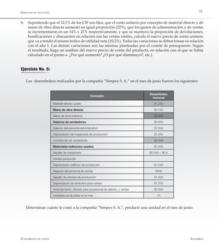 AlfaomegaFundamentos de costos
71
b.	 Suponiendo que el 32,5% de los CIF son fijos, que el costo unitario por concepto de material directo y de
mano de obra directa aumentó en igual proporción (22%), que los gastos de administración y de ventas
se incrementaron en un 14% y 27% respectivamente, y que se mantuvo la proporción de devoluciones,
bonificaciones y descuentos en relación con las ventas totales, calcule el nuevo precio de venta unitario
que va a rendir el mismo índice de utilidad neta (10,2%). Todas las variaciones se deben tomar en relación
con el año 1. Las demás variaciones son las mismas planteadas por el comité de presupuesto. Según
el resultado, haga un análisis del nuevo precio de venta del producto, en relación con el que se había
calculado en el punto a. ¿Por qué aumentó? ¿O por qué disminuyó?, etc.).
Ejercicio No. 5:
Los desembolsos realizados por la compañía “Simpex S. A.” en el mes de junio fueron los siguientes:
Concepto
Desembolso
mensual
Material directo usado $1.250
Mano de obra directa $3.750
Mano de obra indirecta $2.500
Salarios de vendedores $5.000
Salarios del personal administrativo $7.500
Depreciación de maquinaria de producción $1.250
Comisiones de vendedores $2.500
Materiales indirectos usados $1.250
Alquiler de maquinaria $2.500 + $0,5
Unidad producida -
Depreciación edificios de producción $1.250
Seguros del personal de ventas S500
Alquiler de oficinas de producción $1.000
Depreciación de vehículos para ventas $1.250
Arrendamiento oficinas para el personal de admón. y ventas $5.000
Unidades producidas en el mes 10
Determinar cuánto le costó a la compañía “Simpex S. A.”, producir una unidad en el mes de junio.
Ejercicios de aplicación
 