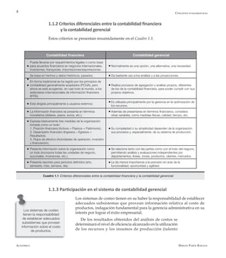 Alfaomega Hernán Pabón Barajas
8
1.1.2 Criterios diferenciales entre la contabilidad financiera
y la contabilidad gerencial
Estos criterios se presentan resumidamente en el Cuadro 1.1.
Está dirigida principalmente a usuarios externos.
Es utilizada principalmente por la gerencia en la optimización de
los recursos.
La información financiera se presenta en términos
monetarios (dólares, pesos, euros, etc.).
Además de presentarse en términos financieros, considera
otras variables, como medidas físicas, calidad, tiempo, etc.
Expresa básicamente tres medidas de la organización
tomada como un todo:
1. Posición financiera (Activos = Pasivos + Patrimonio).
2. Desempeño financiero (Ingresos – Egresos =
Resultados).
3. Flujos de efectivo (Actividades de operación, inversión
y financiación).	
Su complejidad o su simplicidad dependen de la organización,
sus procesos y, especialmente, de su sistema de producción.
Presenta información sobre la organización como
un todo (incorpora todas las unidades de negocio,
sucursales, inversiones, etc.).
Se relaciona tanto con las partes como con el todo del negocio,
permitiendo análisis y evaluaciones independientes por
departamentos, líneas, zonas, productos, clientes, mercados.
Presenta reportes para períodos definidos (año,
semestre, mes, semana, día).
Le da menos importancia a la precisión en aras de la
funcionalidad, oportunidad y agilidad.
Contabilidad financiera Contabilidad gerencial
Puede llevarse por requerimientos legales o como base
para acuerdos financieros en negocios internacionales,
inversiones, franquicias, importaciones/exportaciones.
Normalmente es una opción, una alternativa, una necesidad.
Se basa en hechos y datos históricos, pasados. Da bastante uso a los análisis y a las proyecciones.
En forma tradicional se ha regido por los principios de
contabilidad generalmente aceptados (PCGA), pero
ahora se está acogiendo, en casi todo el mundo, a los
estándares internacionales de información financiera
(IFRS).
Realiza procesos de agregación y análisis propios, diferentes
de los de la contabilidad financiera, para poder cumplir con sus
propios objetivos.
1.1.3 Participación en el sistema de contabilidad gerencial
Cuadro 1.1 Criterios diferenciales entre la contabilidad financiera y la contabilidad gerencial
Los sistemas de costeo tienen en su haber la responsabilidad de establecer
adecuados subsistemas que provean información relativa al costo de
productos, indagación fundamental para la gerencia administrativa en su
interés por lograr el éxito empresarial.
De los resultados obtenidos del análisis de costos se
determinará el nivel de eficiencia alcanzado en la utilización
de los recursos y los insumos de producción (talento
Los sistemas de costeo
tienen la responsabilidad
de establecer adecuados
subsistemas que provean
información sobre el costo
de productos.
Conceptos fundamentales
 