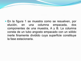  En la figura 1 se muestra como se resuelven, por
elución, en una columna empacada, dos
componentes de una muestra, A y B. La columna
consta de un tubo angosto empacado con un sólido
inerte finamente dividido cuya superficie constituye
la fase estacionaria.
 