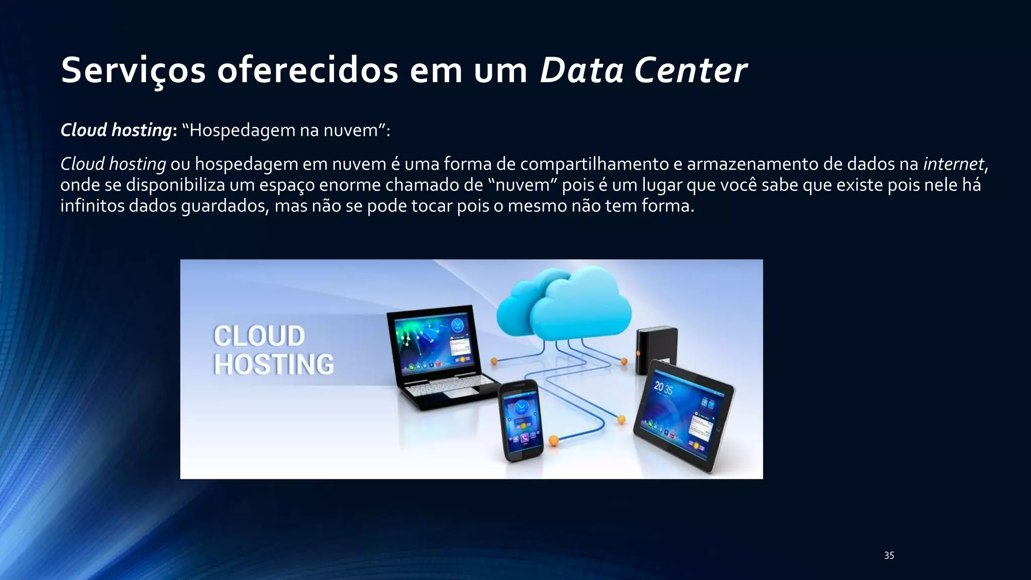 Serviços oferecidos em um Data Center
Cloud hosting: “Hospedagem na nuvem”:
Cloud hosting ou hospedagem em nuvem é uma forma de compartilhamento e armazenamento de dados na internet,
onde se disponibiliza um espaço enorme chamado de “nuvem” pois é um lugar que você sabe que existe pois nele há
infinitos dados guardados, mas não se pode tocar pois o mesmo não tem forma.
35
 