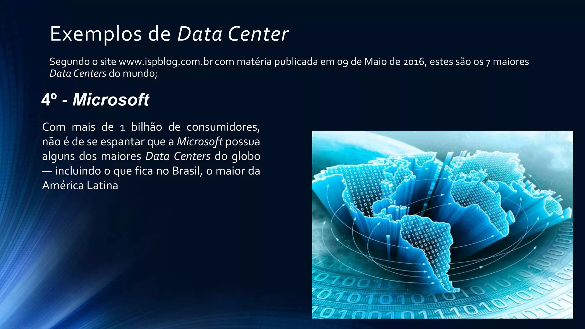 Exemplos de Data Center
Segundo o site www.ispblog.com.br com matéria publicada em 09 de Maio de 2016, estes são os 7 maiores
Data Centers do mundo;
4º - Microsoft
54
Com mais de 1 bilhão de consumidores,
não é de se espantar que a Microsoft possua
alguns dos maiores Data Centers do globo
— incluindo o que fica no Brasil, o maior da
América Latina
 