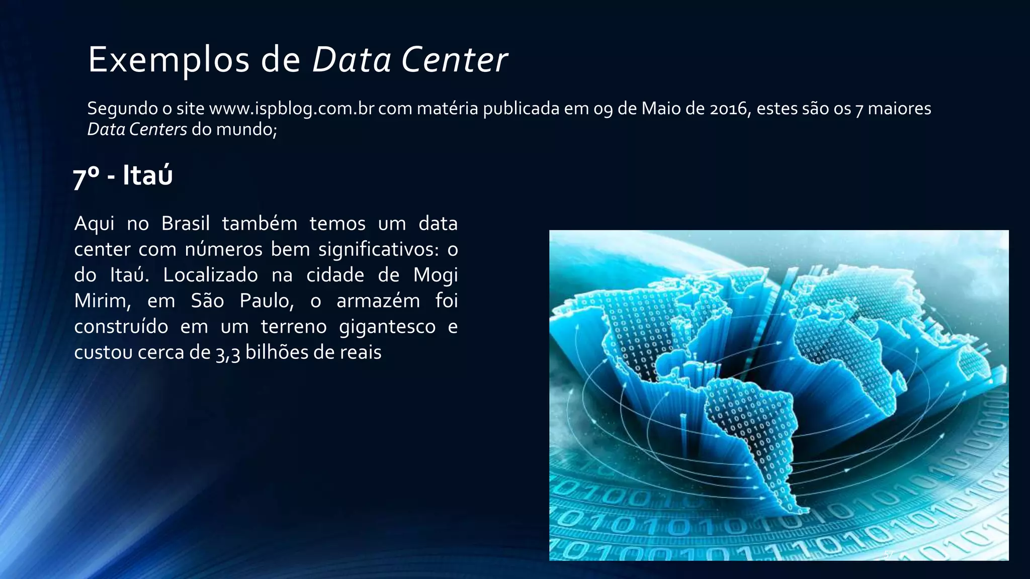 Exemplos de Data Center
Segundo o site www.ispblog.com.br com matéria publicada em 09 de Maio de 2016, estes são os 7 maiores
Data Centers do mundo;
7º - Itaú
57
Aqui no Brasil também temos um data
center com números bem significativos: o
do Itaú. Localizado na cidade de Mogi
Mirim, em São Paulo, o armazém foi
construído em um terreno gigantesco e
custou cerca de 3,3 bilhões de reais
 