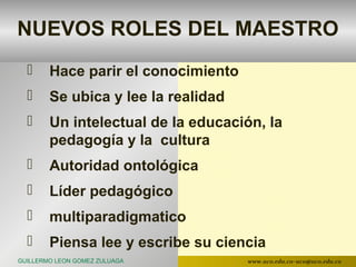 NUEVOS ROLES DEL MAESTRO
       Hace parir el conocimiento
       Se ubica y lee la realidad
       Un intelectual de la educación, la
        pedagogía y la cultura
       Autoridad ontológica
       Líder pedagógico
       multiparadigmatico
       Piensa lee y escribe su ciencia
GUILLERMO LEON GOMEZ ZULUAGA         www.uco.edu.co–uco@uco.edu.co
 