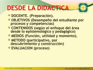 DESDE LA DIDACTICA
   DOCENTE. (Preparación).
   OBJETIVOS (Desempeño del estudiante por
    procesos y competencias)
  ...
