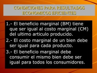 CONDICIONES PARA RESULTADOS ECONOMICOS EFICIENTES 1.- El beneficio marginal (BM) tiene que ser igual al costo marginal (CM) del ultimo articulo producido. 2.- El costo marginal de un bien debe ser igual para cada producto. 3.- El beneficio marginal debe consumir el mismo bien debe ser igual para todos los consumidores. 