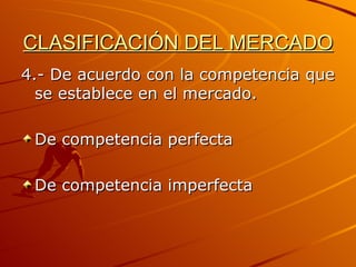 CLASIFICACIÓN DEL MERCADO 4.- De acuerdo con la competencia que se establece en el mercado. De competencia perfecta De competencia imperfecta 