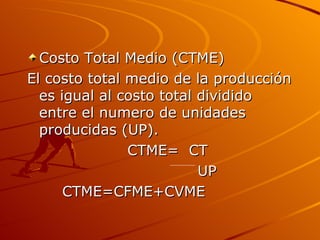 Costo Total Medio (CTME) El costo total medio de la producción es igual al costo total dividido entre el numero de unidades producidas (UP). CTME=  CT UP CTME=CFME+CVME 
