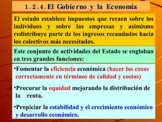 1.2.4.El Gobierno y la Economía El estado establece impuestos que recaen sobre los individuos y sobre las empresas y asimismo redistribuye parte de los ingresos recaudados hacia los colectivos más necesitados. Este conjunto de actividades del Estado se engloban en tres grandes funciones: Fomentar la  eficiencia  económica  (hacer las cosas correctamente en términos de calidad y costos)   Procurar la  equidad  mejorando la distribución de la  renta. Propiciar la  estabilidad y el crecimiento económico y desarrollo económico. 