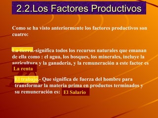 2.2.Los Factores Productivos Como se ha visto anteriormente los factores productivos son cuatro: La tierra .-significa todos los recursos naturales que emanan de ella como : el agua, los bosques, los minerales, incluye la agricultura y la ganadería, y la remuneración a este factor es  La renta El trabajo.-  Que significa de fuerza del hombre para transformar la materia prima en productos terminados y su remuneración es:  El Salario 
