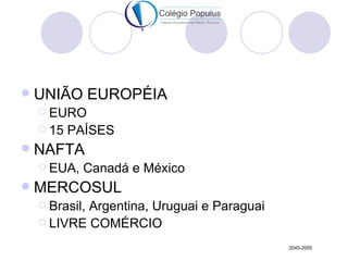    UNIÃO EUROPÉIA
     EURO
     15   PAÍSES
   NAFTA
     EUA,   Canadá e México
   MERCOSUL
     Brasil,
            Argentina, Uruguai e Paraguai
     LIVRE COMÉRCIO

                                            2045-2055
 