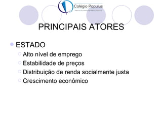PRINCIPAIS ATORES
   ESTADO
     Alto nível de emprego
     Estabilidade de preços

     Distribuição de renda socialmente justa

     Crescimento econômico
 