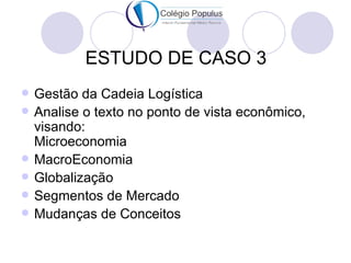 ESTUDO DE CASO 3
   Gestão da Cadeia Logística
   Analise o texto no ponto de vista econômico,
    visando:
    Microeconomia
   MacroEconomia
   Globalização
   Segmentos de Mercado
   Mudanças de Conceitos
 