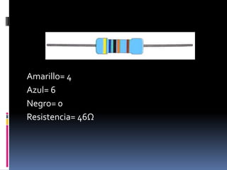 Amarillo= 4Azul= 6Negro= 0Resistencia= 46Ω