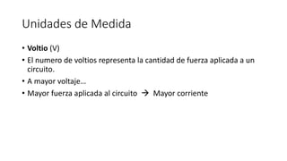 Unidades de Medida
• Voltio (V)
• El numero de voltios representa la cantidad de fuerza aplicada a un
circuito.
• A mayor voltaje…
• Mayor fuerza aplicada al circuito  Mayor corriente
 