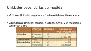 Unidades secundarias de medida
• Multiplos: Unidades mayores a la fundamental y contienen a esta
• SubMultiplos: Unidades menores a la fundamental y se encuentran
contenidos a esta.
 